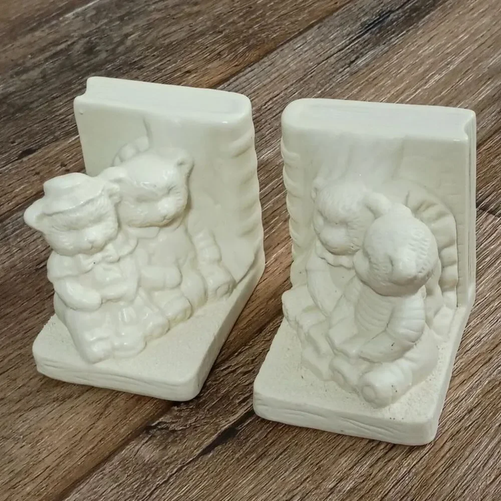 Vintage Ceramic Teddy Bear Bookends White Bisque Finish